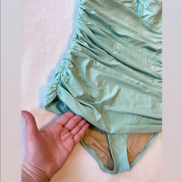 J. Crew Skirted Twist Top Ruched Bandeau Seafoam Swimsuit - Picture 4 of 15